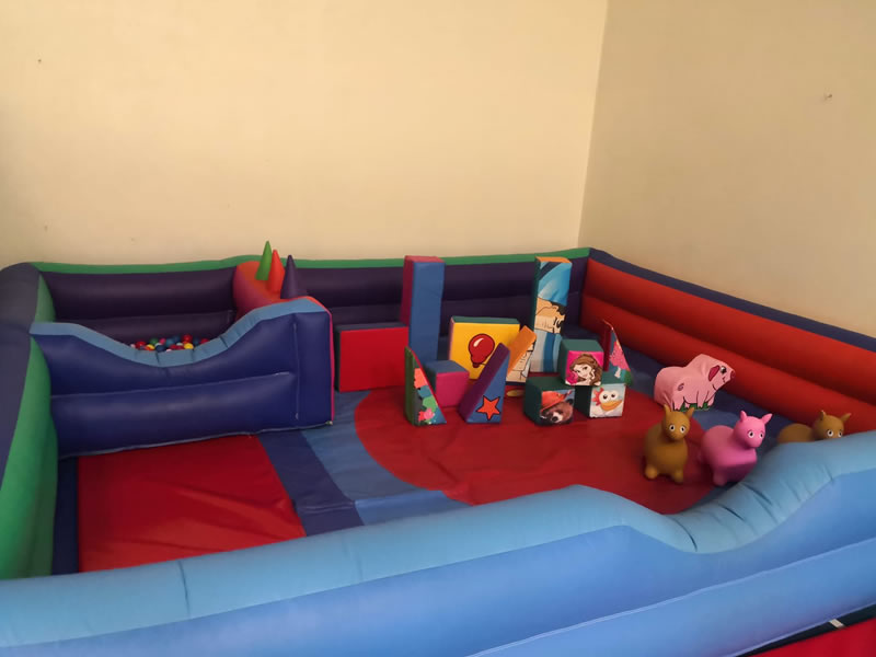 Blue Inflatable Soft Play Surround with Shapes & Hoppys